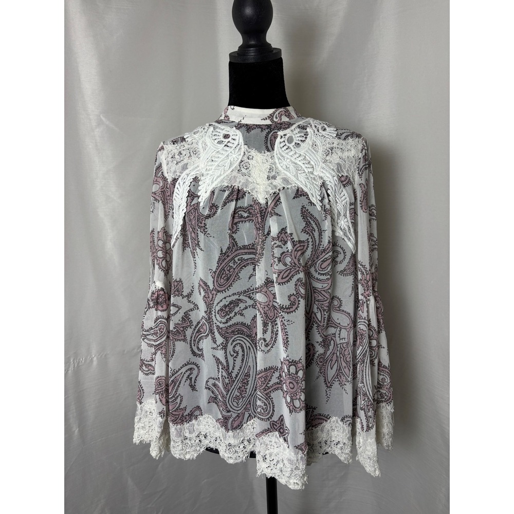 LOFT Paisley Lace Crochet Mock Neck Bell Sleeve Blouse Mauve Grey White Medium